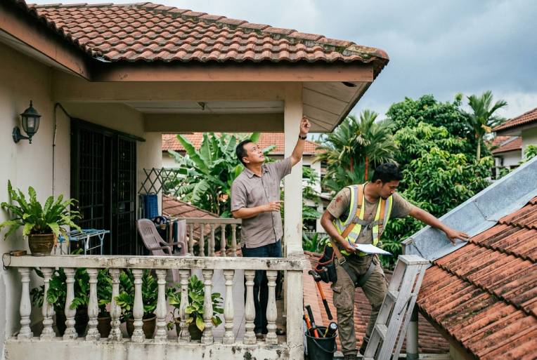 Homeowner checking roof condition before repairing a roof leak